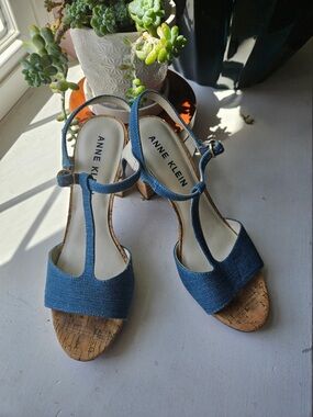Anne Klein Denim Blue Cork T-Strap Sandals